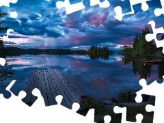 lake, Platform, viewes, Clouds, trees, Ringerike, Norway, Sky