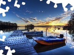 Platform, motorboat, east, sun, lake