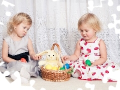 girls, eggs, plush toy, basket