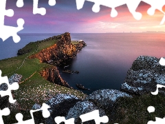 Coast, rocks, Scotland, Isle of Skye, Neist Point Lighthouse, Scottish Sea, Great Sunsets, Duirinish Peninsula