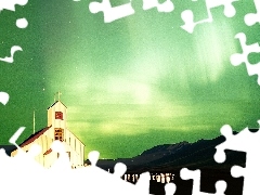 Church, dawn, Polaris, Mountains