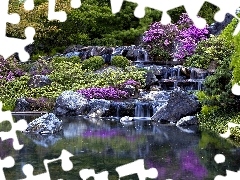 Stones, cascade, Pond - car, Bush