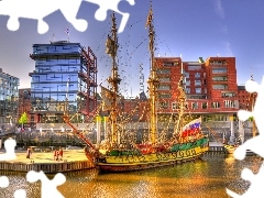 Ship, buildings, port, Sailing