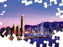 port, Yachts, night, skyscraper, Hong Hong