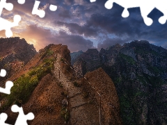 Great Sunsets, rocks, madeira, Path, Mountains, clouds, Portugal