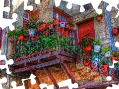 Stairs, Red, Pots, Balcony