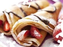 pancakes, sugar, powder, strawberries