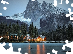 bridge, house, clouds, lake, viewes, Province of British Columbia, Floodlit, Yoho National Park, Canada, Emerald Lake, trees, Mountains