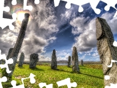 Przebijające, sun, Stones, clouds, Field