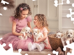 Dogs, puppies, girls, basket, Kids