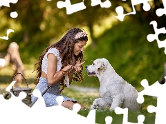 girl, Puppy, Golden Retriever, Meadow