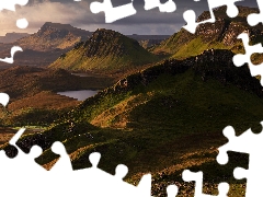 lakes, clouds, Scotland, Isle of Skye, Quiraing, Mountains, The Hills, landslide