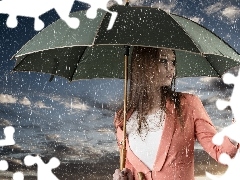 Beauty, umbrella, Rain, Women