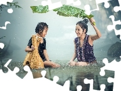 Rain, leaf, Women, Kid, River