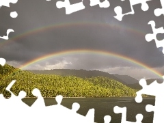 landscape, forest, rainbows, lake