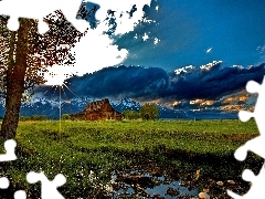 sun, Barn, Mountains, rays, car in the meadow