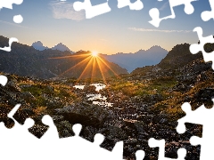 rays of the Sun, Mountains, puddle, Alps, Switzerland, rocks, Plants