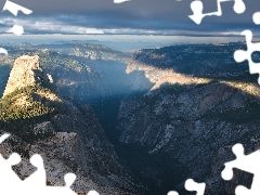 rays, sun, forest, canyon, Mountains