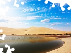 rays, sunny, Dunes, lake, Desert