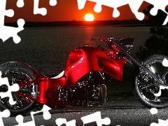 Red, motor-bike, sun, lake, west