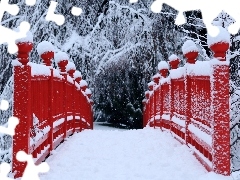 Red, bridges, trees, viewes, snowy