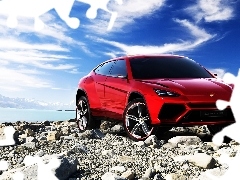 Red, Lamborghini Urus, Stones, Sky, River