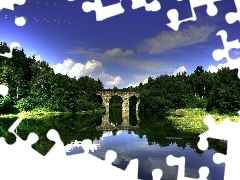 bridge, water, reflection, forest