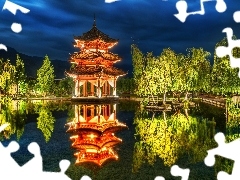 viewes, house, reflection, China, lake, trees