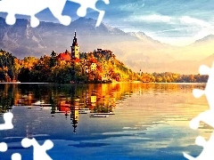 lake, Castle, reflection, Island