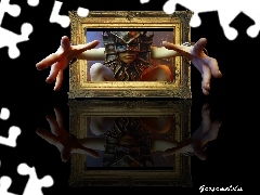 Mask, frame, reflection, hands