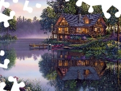 reflection, Mirror, lake, Boat, house