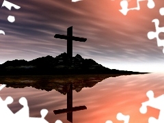 reflection, Mirror, Island, Cross, sea