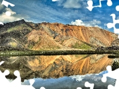 Mountains, lake, reflection, Meadow