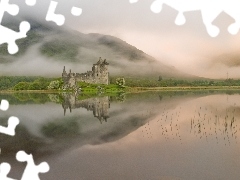 mountains, lake, reflection, ruins