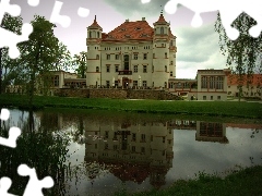 palace, water, reflection, Wojanow