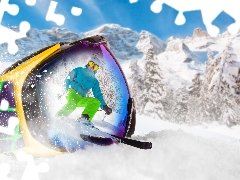 reflection, snow, trees, 4d, viewes, Mountains, winter, skiing, Skier, Glasses