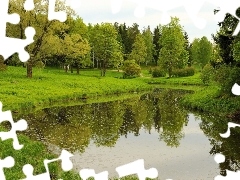 reflection, Park, viewes, Spring, trees, Pond - car