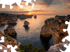 clouds, Great Sunsets, Portugal, sea, Algarve Region, rocks, Coast, Atlantic Ocean