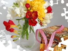 color, Boxes, ribbon, Freesias