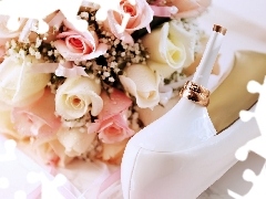 bouquet, heels, rings, rouge