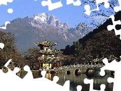 River, bridge, Mountains, Home, Japan