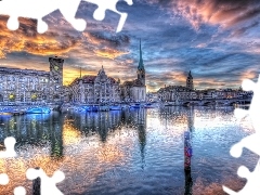 River, bridge, Zurich, Town, Switzerland