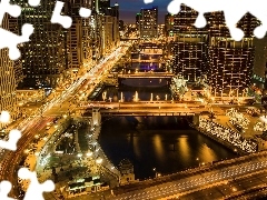 River, Bridges, town, night, panorama