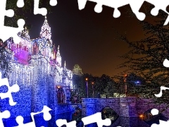 Castle, bridge, River, Lights