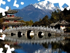 Japan, bridge, River, Mountains