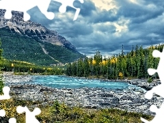 Mountains, woods, River, clouds