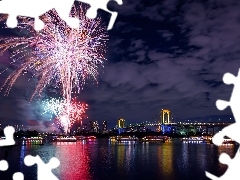 town, bridge, panorama, fireworks, New Year