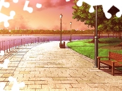 Park, bench, River, promenade