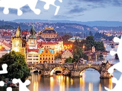 Houses, Bridges, Prague, Czech Republic, evening, Vltava River