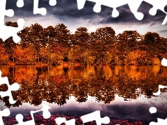 River, reflection, trees, viewes, clouds